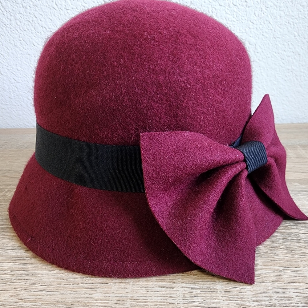 Wool Bucket Hat Maroon and Black with Bow